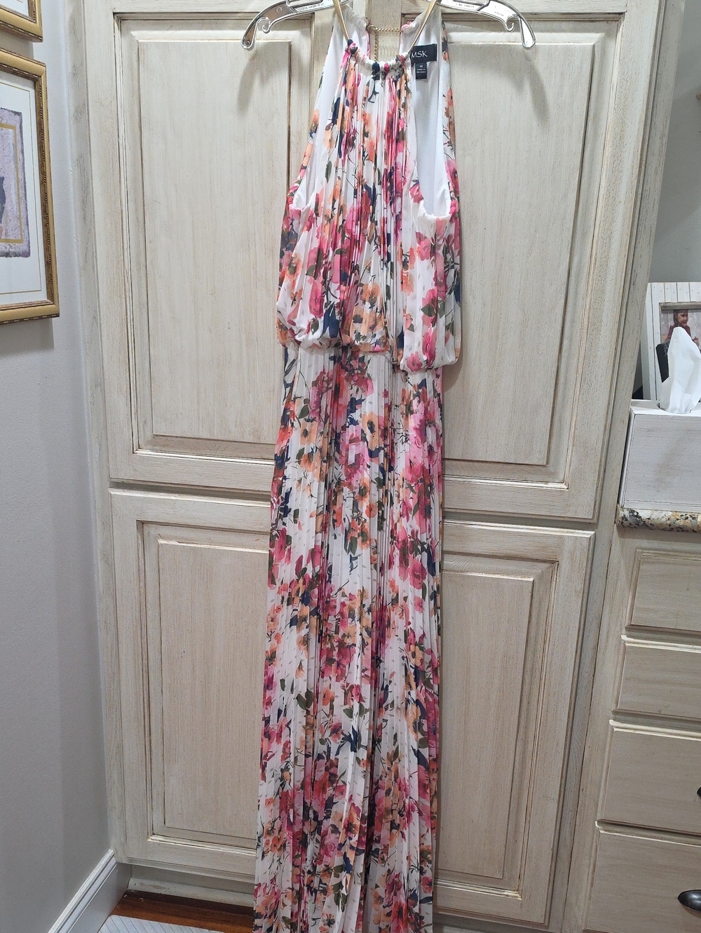 MSK Floral-Print Pleated Halter Maxi Dress
